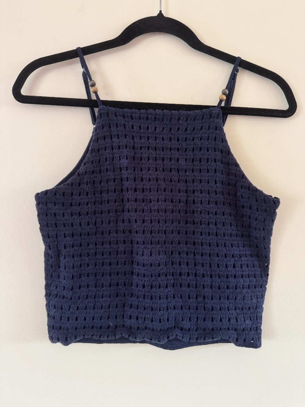 Love On A Hanger Crochet Cropped Tank Navy Blue Sleeveless Halter Size S